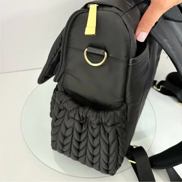 HAPP Levy Elegant Black Gold Trim Quilted Baby Shoulder Bag convertible Backpack - Picture 12 of 16